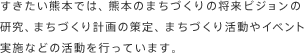 すきたい熊本では、熊本のまちづくりの将来ビジョンの研究、まちづくり計画の策定、まちづくり活動やイベント実施などの活動を行っています。